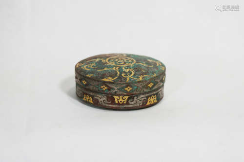 Chinese Exquisite Bronze Box With Gold And Silver Painted