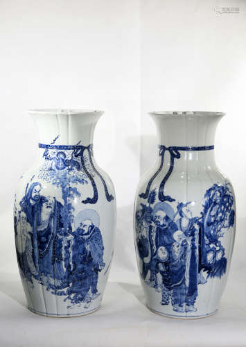 Chinese Pair Of Blue And White Character Story Porcelain Bottles