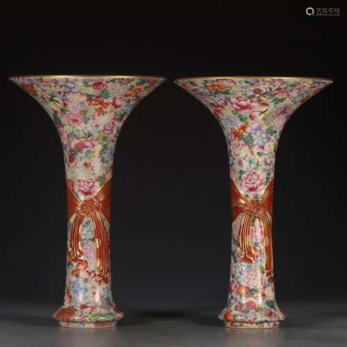 Pair Of Famille Rose Millefiori Porcelain Gu Vase, four-character mark on bottom.