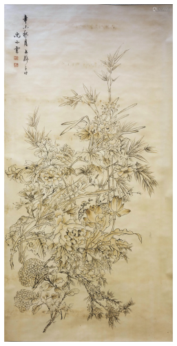A CHINESE FLOWERS AND PLANTS LINE PAINTING,…