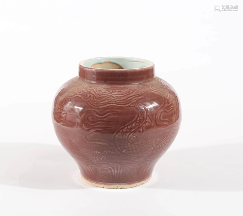 A CHINESE DRAGON PATTERN RED GLAZE PORCEL…