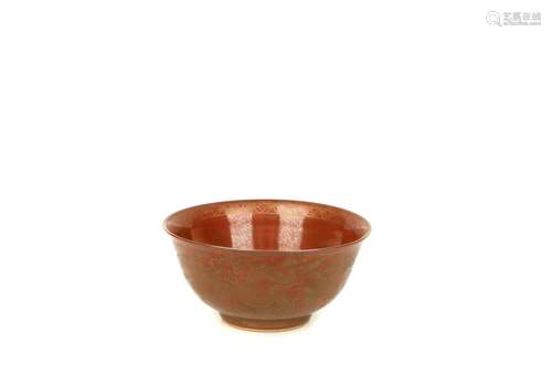 a chinese red glazed porcelain dragon patter bowl