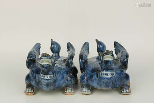 a pair of chinese blue and white porcelain ornaments