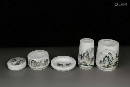 a group of five chinese famille rose porcelain scholars' items