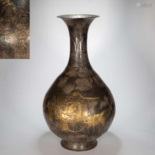 ANCIENT CHINESE SILVER GILT JADE SPRING VASE