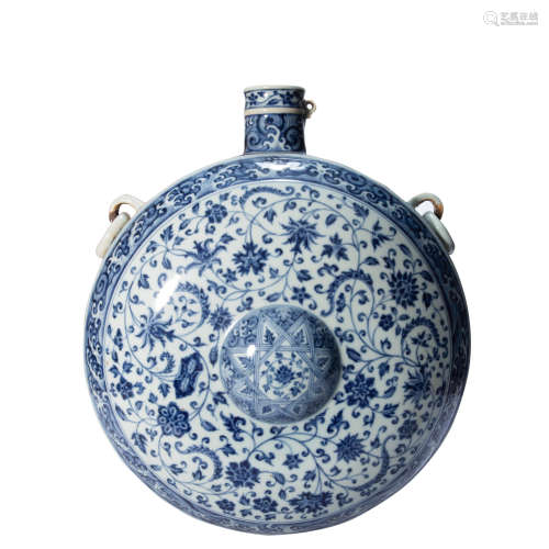 ANCIENT CHINESE BLUE AND WHITE PORCELAIN FLAT BOTTLE