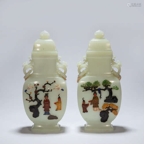 A PAIR OF CHINESE ANCIENT HETIAN JADE INLAID SQUARE BOTTLES