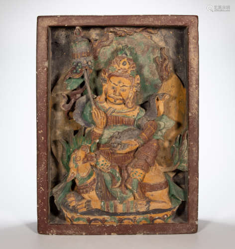 ANCIENT CHINESE BRICK CARVED STATUES OF BUDDHA ON COLOURED DRAWING