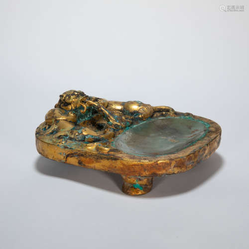 ANCIENT CHINESE BRONZE GILT INK-STONE