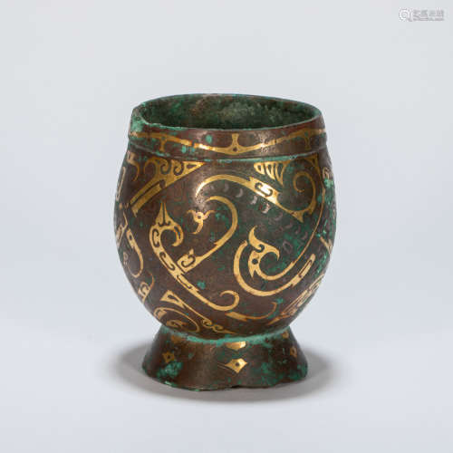 ANCIENT CHINESE BRONZE CUP INLAID WITH GOLD