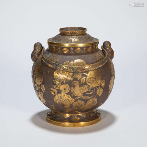 ANCIENT CHINESE SILVER - GILT POT WITH LID