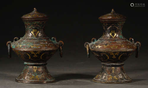 PAIR OF COPPER WITH SILVER&GOLD VASE