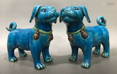 PAIR OF BLUE GLAZE DOG ORNAMENT