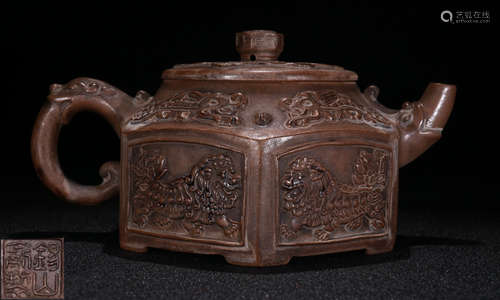 A ZISHA TEA POT CARVED WITH BEAST