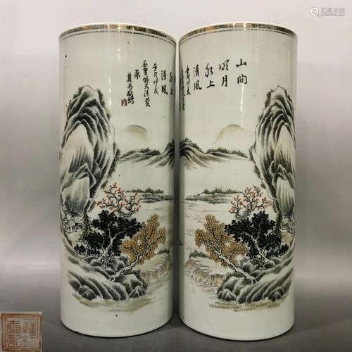 PAIR OF SHALLOW GLAZE VASE WITH LANDSCAPE PATTERN