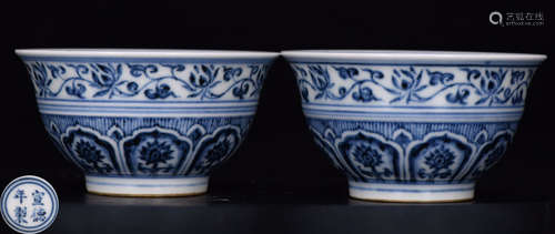 PAIR OF BLUE&WHITE GLAZE CUP WITH FLOWER PATTERN