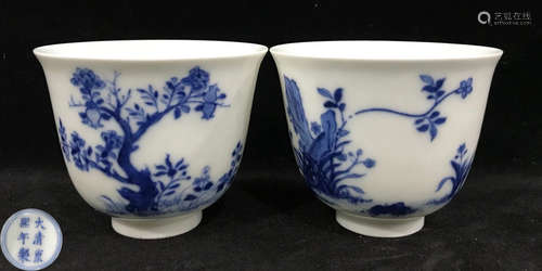 PAIR OF BLUE&WHITE GLAZE CUP WITH FLOWER&POETRY PATTERN