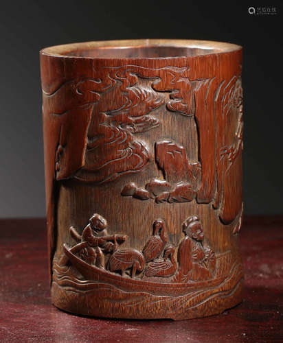 A BAMBOO BRUSH POT CARVED WITH STORY