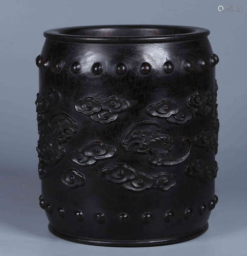 A ZITAN WOOD BRUSH POT CARVED WITH PATTERN