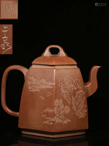 A ZISHA TEA POT CARVED WITH POETRY&LANDSCAPE