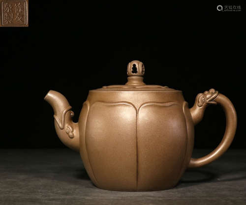 A ZISHA TEA POT WITH BEAST HANDLE