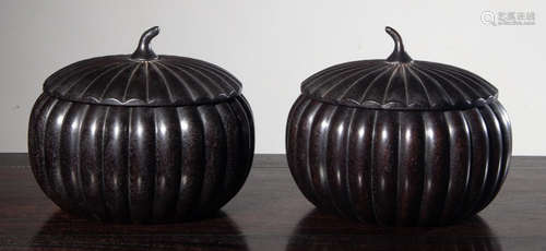 PAIR OF ZITAN WOOD JAR SHAPED WITH MELON