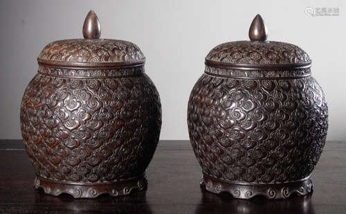 PAIR OF ZITAN WOOD JAR CARVED WITH PATTERN