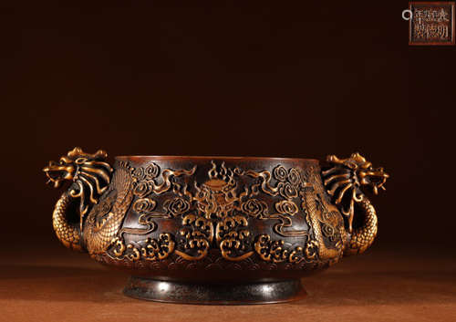 A GILT BRONZE CENSER WITH DRAGON EARS