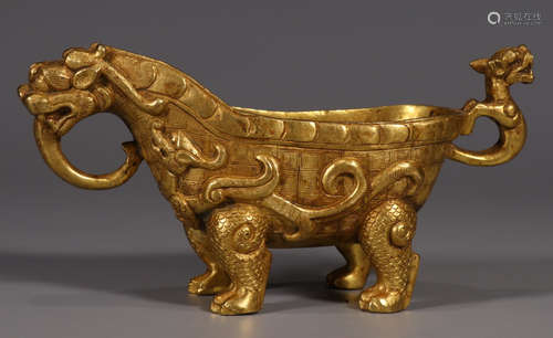 A GILT BRONZE CUP SHAPED WITH BEAST