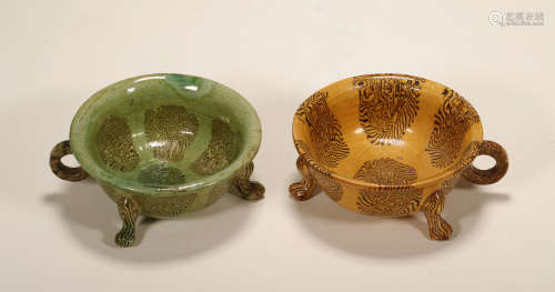 Tang Dynasty - Pair of Colored Tripod Cups