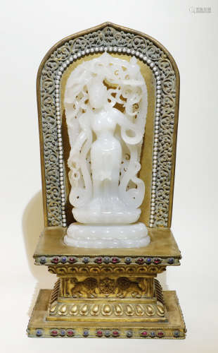 Qing Dynasty - Silver Gilt Jade Buddha Statue