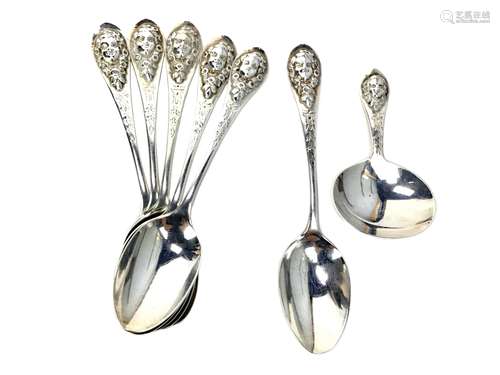 A SET OF SIX VICTORIAN SILVER TEASPOONS ALONG WITH A CADDY SPOON