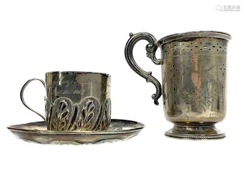 A VICTORIAN SILVER CHRISTENING CUP ALONG WITH A CUP AND SAUCER