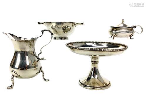 A VICTORIAN SILVER CREAM JUG ALONG WITH A BONBON DISH, QUAICH AND A MUSTARD POT