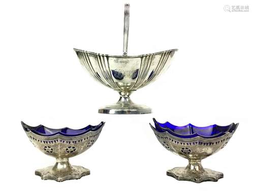 A VICTORIAN SILVER SUGAR BOWL ALONG WITH A PAIR OF SALTS