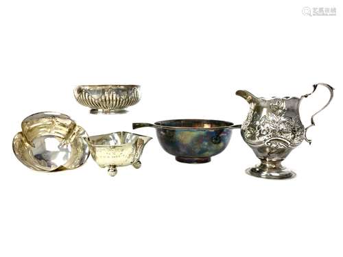 AN EARLY 20TH CENTURY SILVER QUAICH ALONG WITH A CREAM JUG, BONBON DISH AND TWO OPEN SALTS