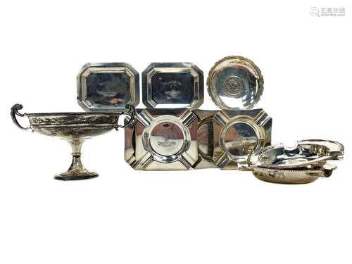 A GEORGE V TWIN HANDLED STEMMED SILVER DISH AND OTHER SILVER DISHES