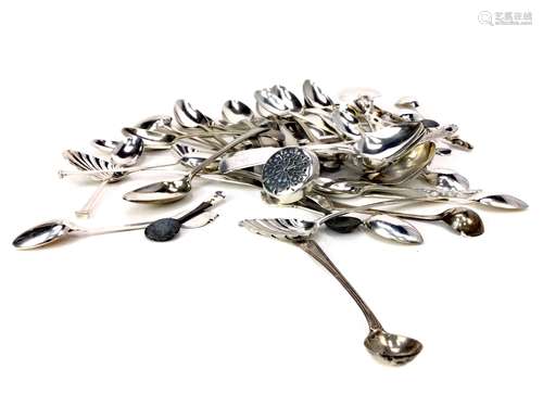 A LOT OF SILVER TEASPOONS ALONG WITH CADDY SPOONS