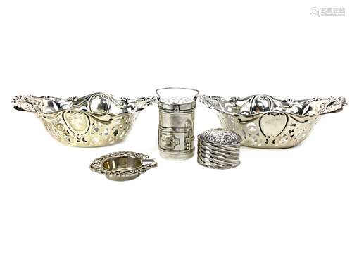 A PAIR OF EARLY 20TH CENTURY SILVER BONBON DISHES ALONG WITH AN ASHTRAYM PILLBOX AND PEPPERETTE