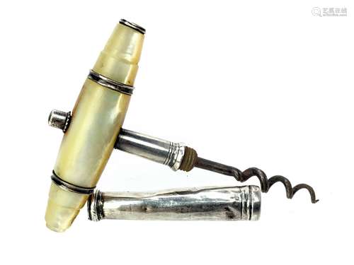 AN EARLY 19TH CENTURY SILVER AND MOTHER OF PEARL CORKSCREW