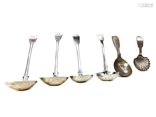 A PAIR OF SCOTTISH PROVINCIAL SILVER SAUCE LADLES ALONG WITH FOUR OTHER SPOONS