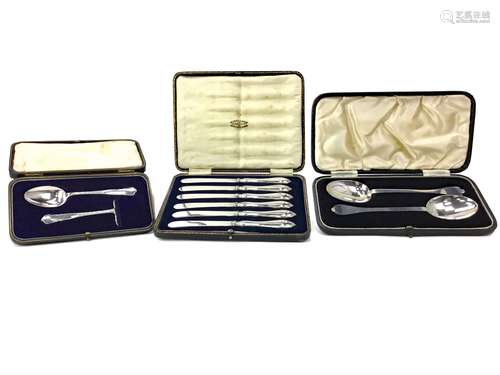 A PAIR OF BRITANNIA SILVER SERVING SPOONS, A SET OF PASTRY KNIVES AND ANOTHER