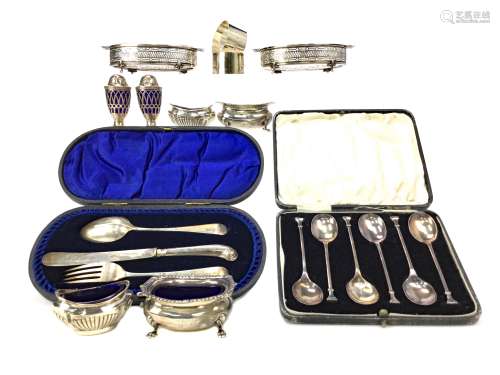 A LOT OF TWO CASE SILVER SETS ALONG WITH CRUETS