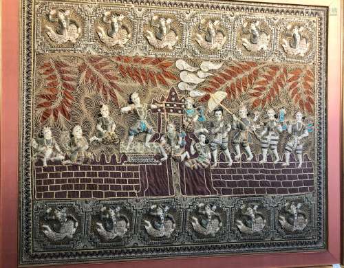 A LARGE MID 20TH CENTURY BURMESE EMBROIDERED PANEL
