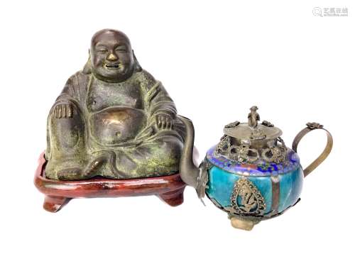 A CHINESE BRONZE BUDDHA AND A CHINESE TEA POT