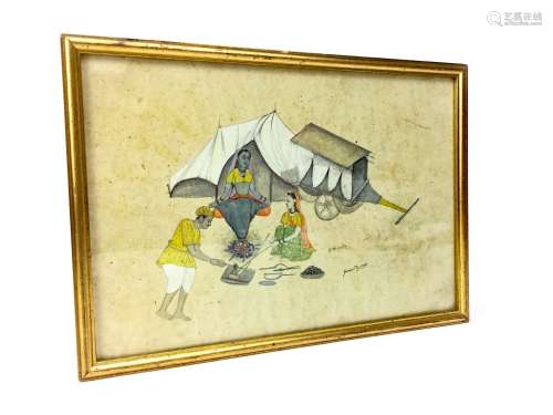 FIGURES AROUND A CAMPFIRE BY A TENT AND CARAVAN, A WATERCOLOUR BY HASSAN MAJAMDAR,