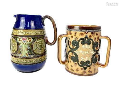 A ROYAL DOULTON LAMBETH STONEWARE TYG ALONG WITH A JUG