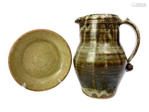 A ST. IVES STUDIO POTTERY JUG ALONG WITH TWO BOWLS AND A PLATE