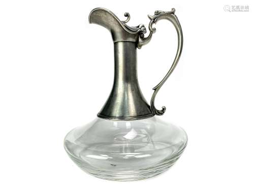 A FRENCH GLASS AND PEWTER CLARET JUG