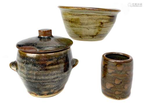 A ST. IVES STUDIO POTTERY BOWL ALONG WITH A LIDDED JAR AND BRUSH WASH